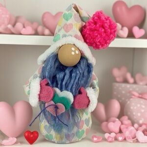 Valentine’s Day Gnome Handmade Periwinkle Beard Pom Pom Pastel Hearts Fabric